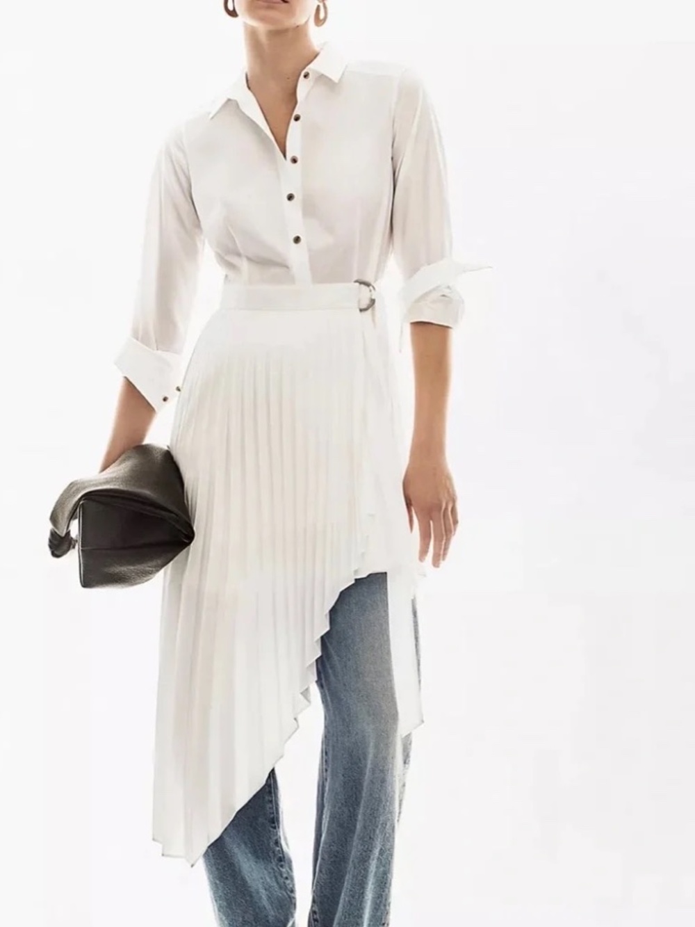 Anthropologie Maeve White Pleated Poplin Stretch Long Sleeves Dress Size 10 - Picture 7 of 8